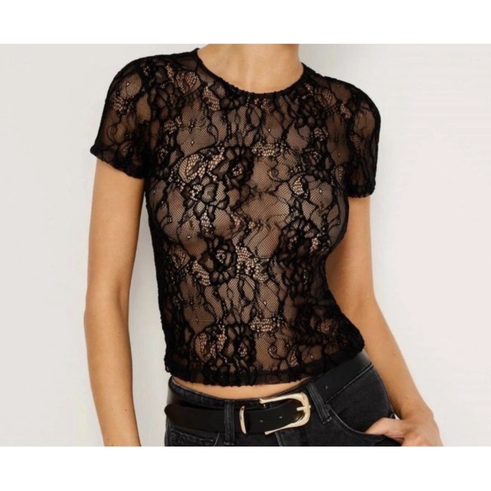 Good American Black Lace Short Sleeve Top GT0596 Plus Size 2XL NEW